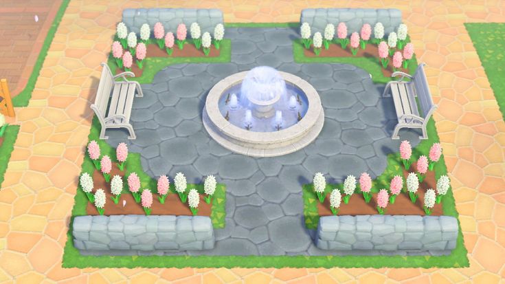 a small garden with benches and flowers on the ground in front of a stone fountain