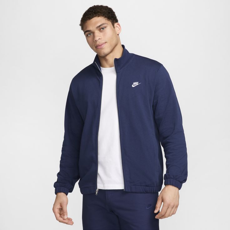 Clean and classic, this knit full-zip top gives you a versatile midweight layer you can wear throughout the year. Nike Crew Neck Outerwear For Fall, Nike Casual Outerwear With Crew Neck, Casual Nike Fleece Jacket, Nike Track Jacket With Ribbed Cuffs For Fall, Nike Casual Track Jacket For Fall, Nike Cotton Track Jacket Casual Style, Nike Cotton Casual Track Jacket, Casual Nike Cotton Track Jacket, Nike Cotton Track Jacket For Fall