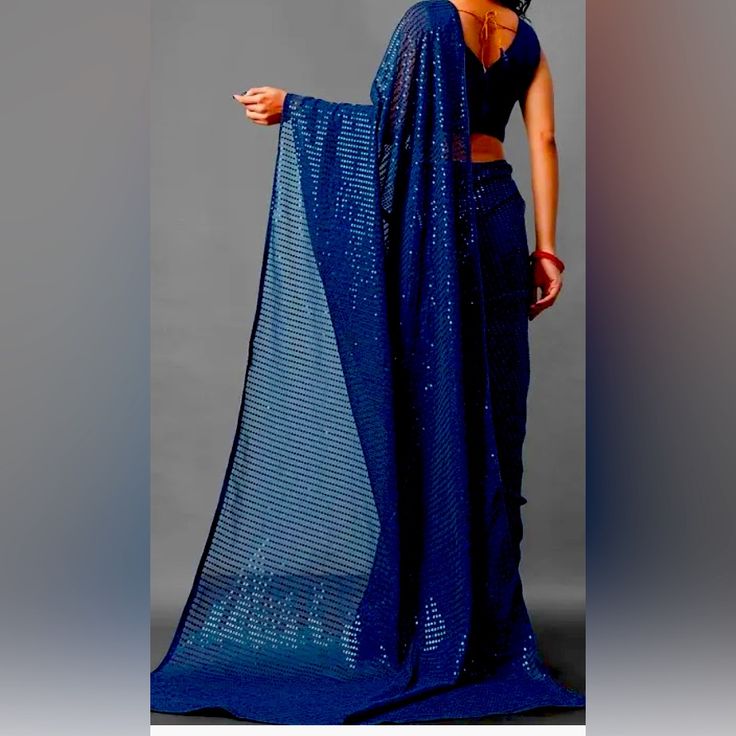 Blue Sequins Embroidered Georgette Saree With Unstitched Embroidered Blouse Piece. Indian Wear Dresses, Ethnic Indian Wear, Indian Anarkali Dresses, Indian Anarkali, Wedding Dresses Indian, Choli Dress, Grey Floral Dress, Red Wedding Dress, Salwar Dress