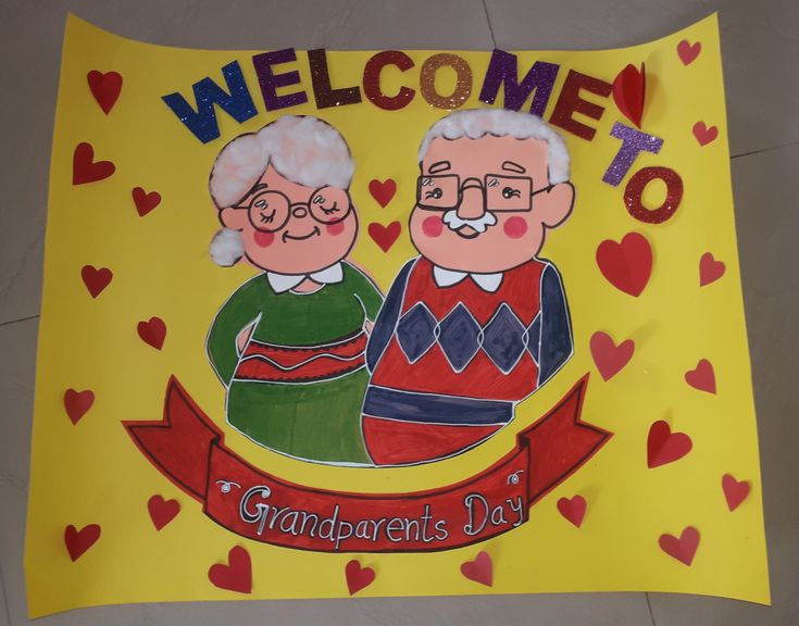 a welcome to grandparents day sign with two elderly people on it and hearts in the background