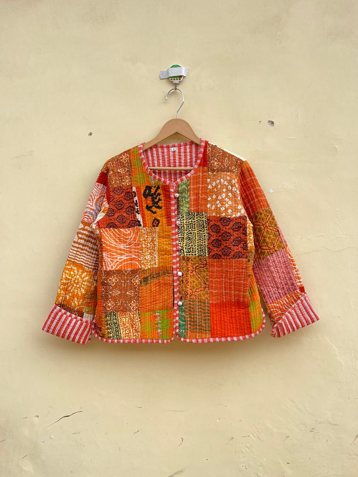 KAVYATEXTILE : PRESENTING INDIAN HANDMADE PATCH WORK JACKETS, COATS, BOHO, QUILTED, BLOCK PRINT JACKETS, REVERSIBLE JACKET. we pack our order in reusable bag , so basically we provide our customers a reusable bag , so they can use it for many days.... EXPRESS SHIPPING Indian Handmade patch work Jackets, Coats, Boho ,Quilted, For Women`s Made In India Size - All Size WE INCREASE SIZE MEASURE AND UPDATED Small Size - Chest -38 inch Length- 20.5 inch APPROX Sleeves -23 inch APPROX Medium Size - Che Multicolor Long Sleeve Quilted Jacket, Bohemian Style Winter, Patchwork Quilt Jacket, Handmade Patch, Quilt Jacket, Patchwork Jacket, Reversible Jacket, Patch Work, Orange Fabric