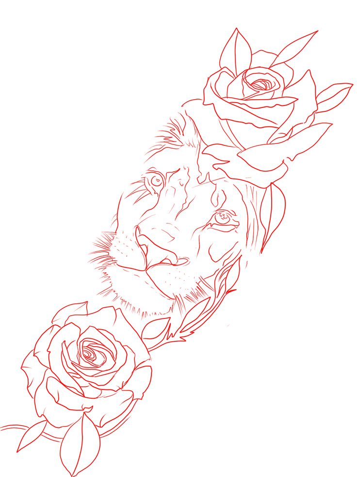 a drawing of a lion with roses on it's head and the outline of its face