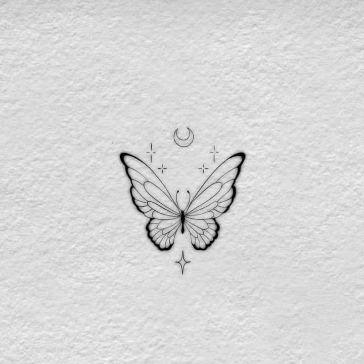 a black and white drawing of a butterfly with stars on it's wings, flying towards the moon