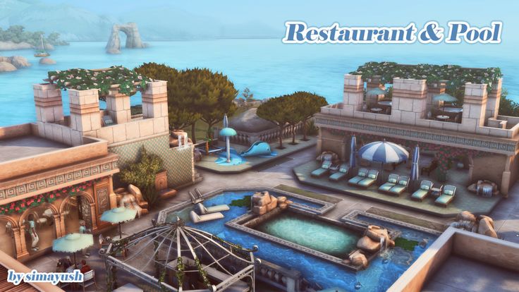 — TARTOSA RESTAURANT & POOL [cozy bistro kit &... Sims 4 Build, Sims House, Sims Mods, Sims 4, Restaurant, Pool, Building