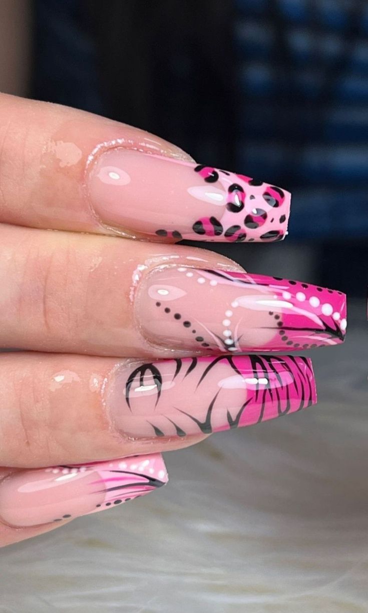 French Tip Animal Print Nails, Pink Cheetah Nails Y2k, Zebra And Leopard Nails, Pink Leopard Print French Tip Nails, Y2k Nails Cheetah, Nail Ideas Animal Print, Pink Leapord Print Nails, Pink Tiger Print Nails, Pink Zebra Nails Y2k