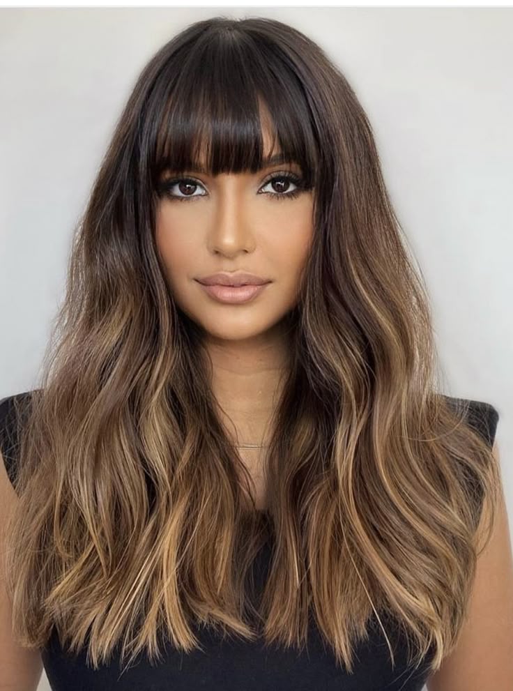 Balayage Hair With Bangs Brunettes, Balayage With Full Fringe, Ombre With Fringe, Reverse Balayage With Bangs, Balayage Hair Fringe, Long Ombre Hair With Bangs, Long Balayage Hair With Bangs, Long Hair With Bangs And Highlights, Dark Balayage With Bangs