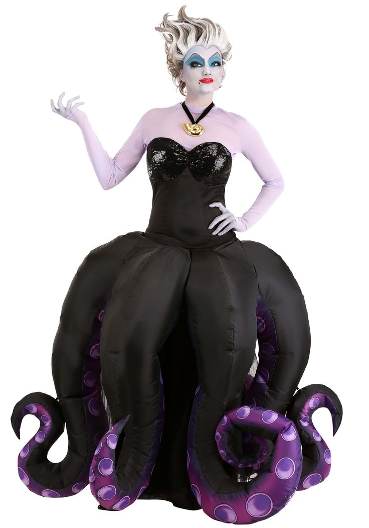 a woman dressed in black and purple sitting on an octopus