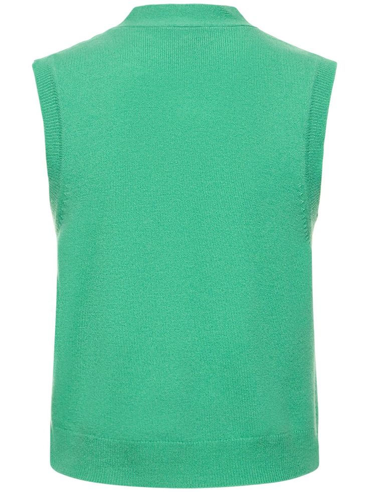 Front button closure. Model is wearing a size8 Sleeveless Cashmere Top For Layering, Casual Sleeveless Cashmere Tops, Classic Sleeveless Vest For Layering, Winter Workwear Green Vest, Green Winter Workwear Vest, Fitted Wool Vest Top, Sleeveless Cashmere Tops For Work, Casual Wool Sleeveless Vest, Casual Sleeveless Wool Vest