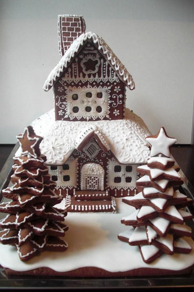 a gingerbread house with trees and snow on the roof