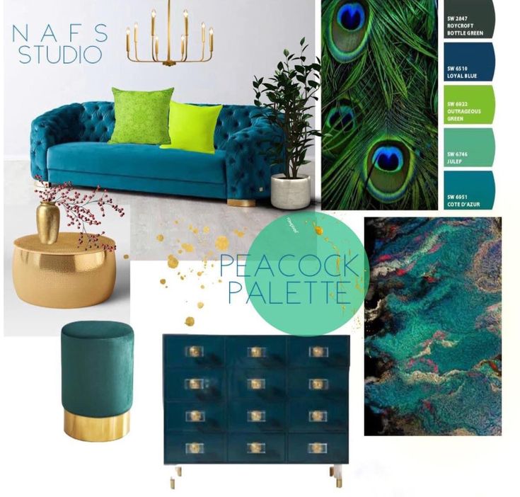 a living room with blue couches and gold accents on the walls, peacock feathers in green