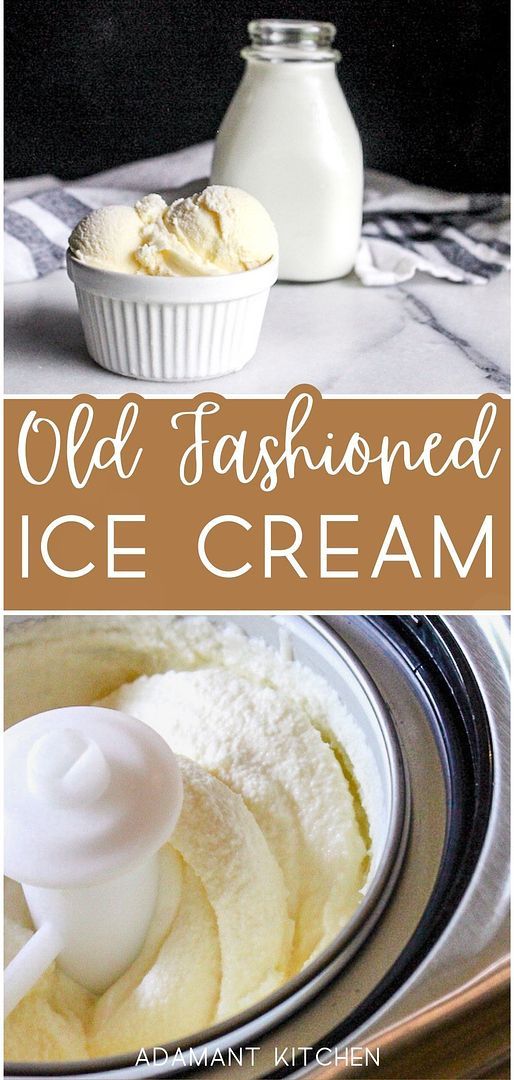 an old fashioned ice cream recipe in a bowl with whipped cream on top and the words, old fashioned ice cream