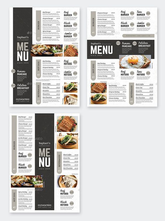 three different menus with food items on them