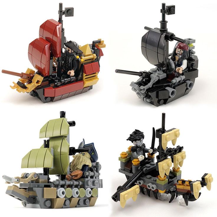 four legos are shown with different types of action figures in the same set, including a pirate ship