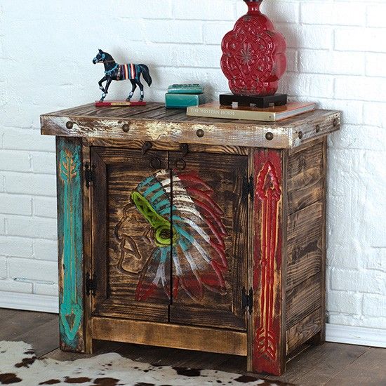 Proud Chieftain cabinet Modern Southwestern Decor, Southwestern Furniture, Rustic Style Decor, Shabby Chic Interior Design, Rustic Furniture Diy, Wall Mural Decals, Native American Decor, Indian Theme, Cowboy Decorations