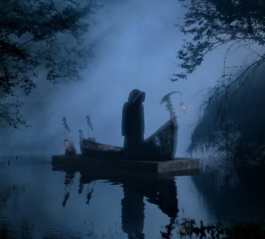 a boat floating on top of a body of water next to trees and foggy sky