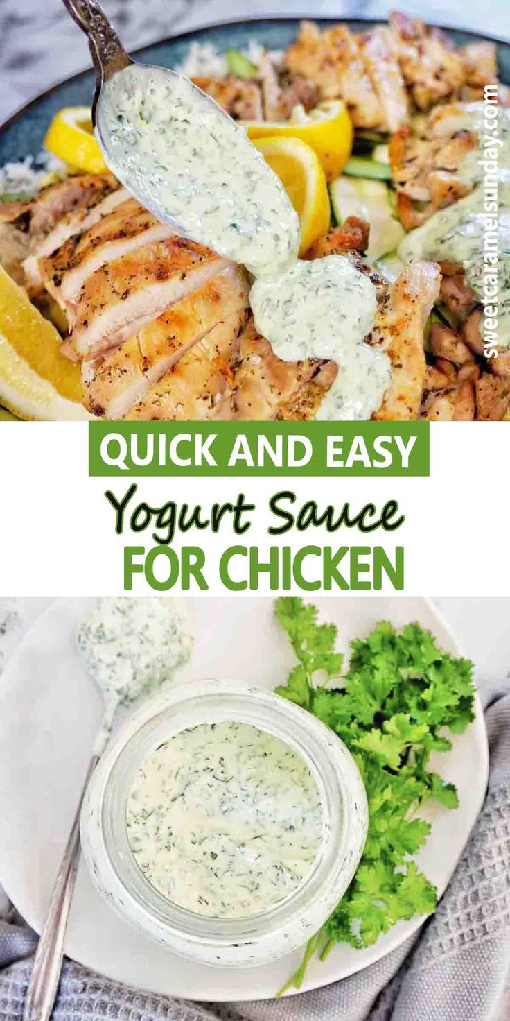 a plate with grilled chicken and sauce on it next to a bowl of ranch dressing