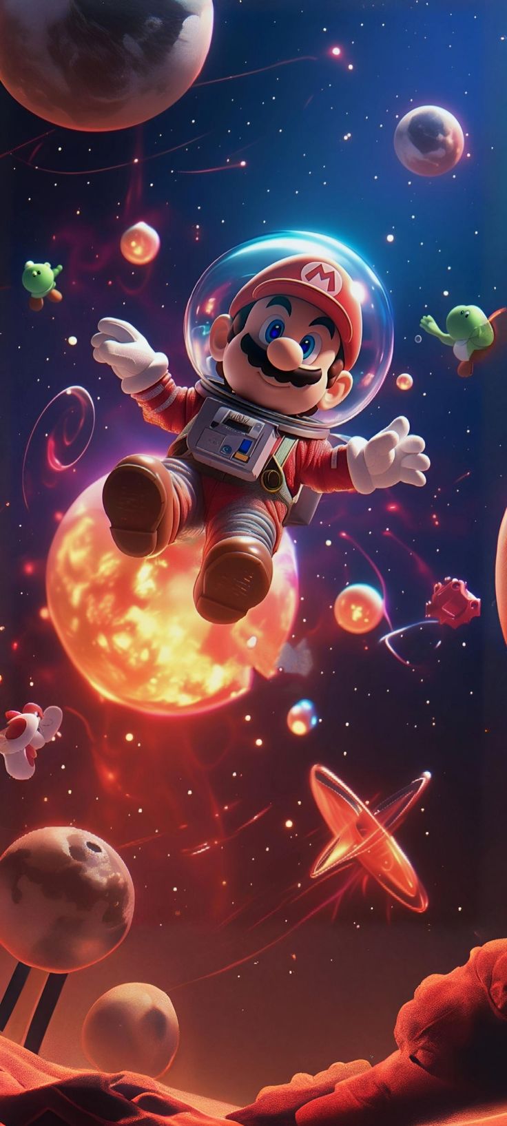 an image of mario in outer space with planets and other objects around him, as if he is flying through the air