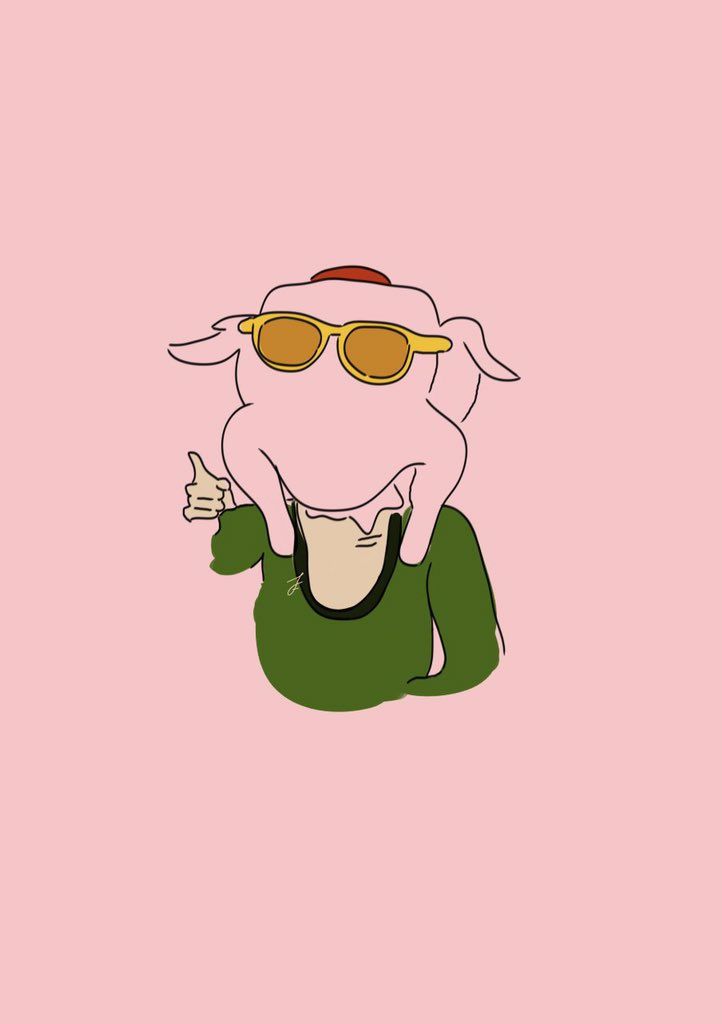 a person wearing sunglasses and sitting on the ground in front of a pink background with an animal