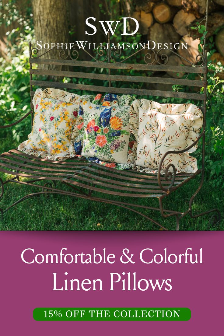 Comfortable and colorful linen pillows.  15% off The collection.  Shop now at Sophie Williamson Design.  Image shows a variety of ruffled pillows on a charming bench in an outdoor setting. Organic Couch, Throw Pillow Combinations, English Cottage Decor, Ruffle Pillow, Eco Friendly Home, Cottagecore Decor, Colorful Patterns, Organic Pillow, Dreamy Bedrooms