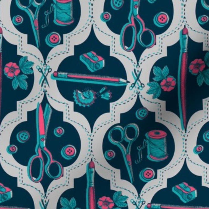 a blue and pink wallpaper with scissors, thread, and spools