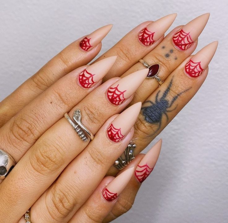 Cherry Skull Nails, Red Spiderweb Nails, Skull Cherry Nails, Sammi Jefcoate Nails, Cobweb Nails, Nude Halloween Nails, Red Halloween Nails, Spiderweb Nails, Wicked Nails