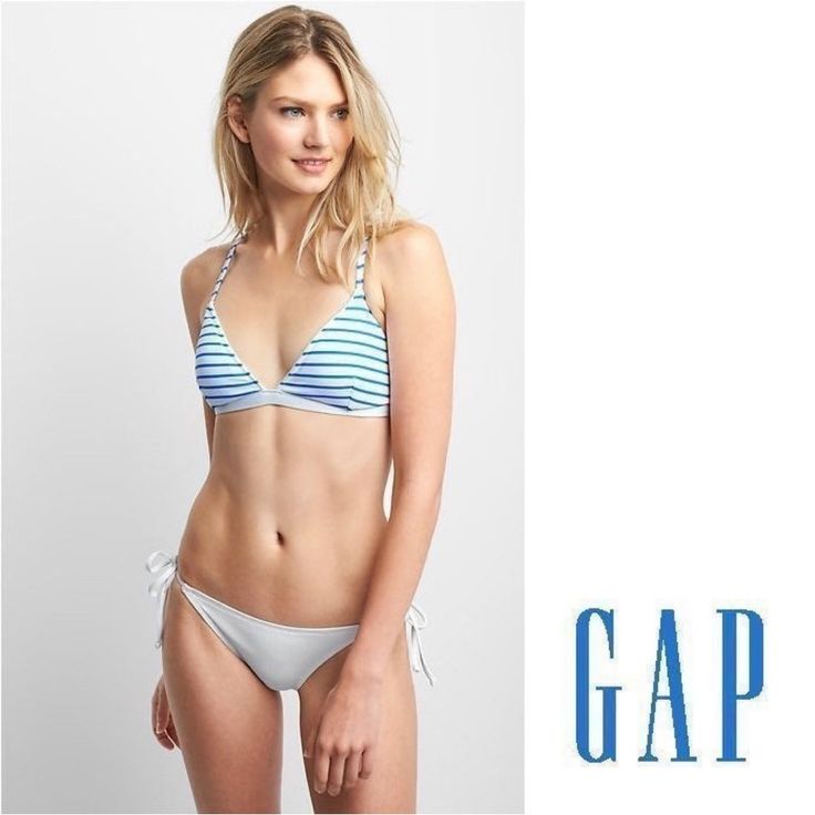 Gap Stripe Triangle Bikini Top Size Large Adjustable Spaghetti Straps Piping Detail At Front Neckline Removable, Soft Molded Cups Supportive Under Bra Band In Contrast Color Adjustable Hook Closure At Back Fully Lined Blue/White; Striped Nwt Polyester/Nylon/Spandex; Lining: Polyester/Spandex Approx. Measurements (Taken Flat): Bust 14.5” *Note: Top Only For Sale, The Bottoms Are Not Included. S1 Polyester Spandex, Womens Swim, Piping, Contrasting Colors, Spaghetti Strap, Gap, Blue White, Spaghetti, Blue And White