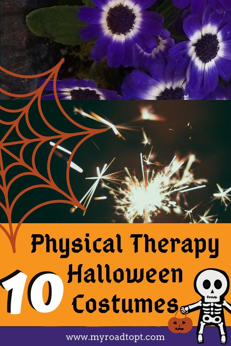 the words physical therapy halloween costumes are in front of purple flowers and a spider web