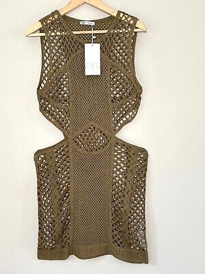 Women’s Beach Cover up Size Large Short Dress Khaki Boho Zara Knitted Cut out  | eBay Casual Knit Dress With Hollow Out Details, Casual Knit Hollow Out Dresses, Summer Stretch Knit Crochet Dress, Casual Crochet Dress With Hollow Out For Party, Summer Knit Dress With Hollow Out Details, Casual Stretch Crochet Dress With Open Knit, Casual Knitted Mini Dress For Summer, Casual Crochet Dress With Open Knit Stretch, Casual Stretch Crochet Dress For Vacation