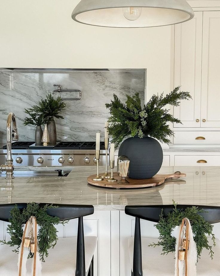 Mcgee And Co Christmas Decor, Winter Kitchen Island Decor, Christmas Decor Ideas For Kitchen Island, Chair Wreaths, Mcgee Christmas, Megan West, White Gingerbread House, Kitchen Outside, Kitchen Countertop Decor