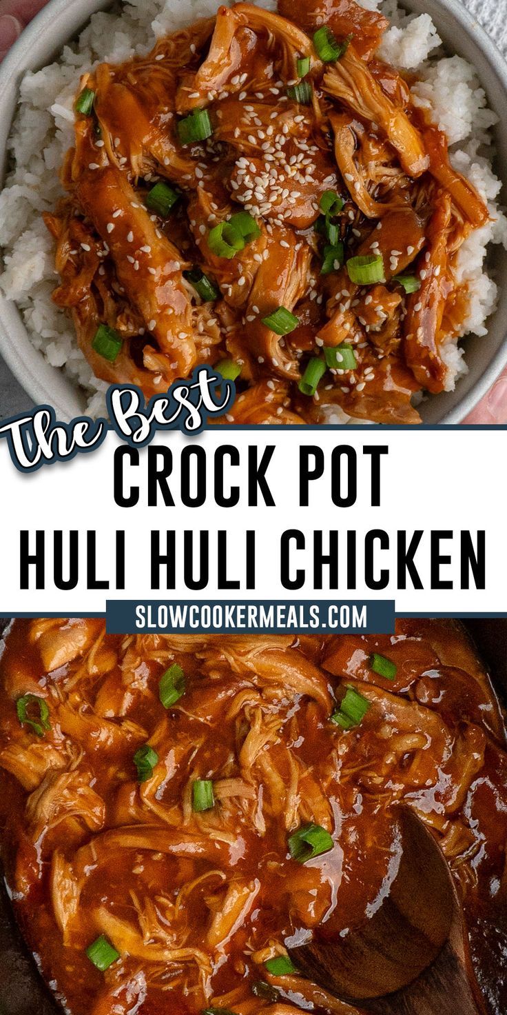 Huli huli chicken in a crock pot and over a bowl of rice. Boneless Chicken Thighs Crockpot, Huli Huli Chicken Recipe, Huli Chicken, Huli Huli, Huli Huli Chicken, Crockpot Chicken Thighs, Summer Crockpot Recipes, Crock Pot Inspired Recipes, Chicken Crockpot Recipes Easy