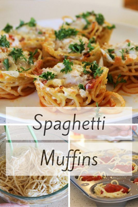 spaghetti muffins with sauce and parmesan cheese on the top are shown