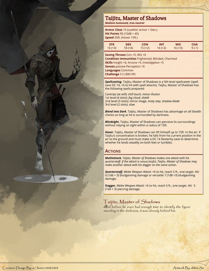 r/D&D on Twitter: "[OC] [Homebrew] You guys seemed to mostly enjoy my last post, so I made another creature / character! I present to you Taijitu, Master of Shadows! Again I'm fairly new to DnD so any suggestions are largely appreciated :) via /r/DnD https://t.co/xWMiRYPZNu #DnD #rpg… https://t.co/F1UVYVx16o" Stat Block, Homebrew Monsters, Creature Character, Monster Manual, Dnd Stats, Dnd Homebrew, Dnd Stories, Dnd Campaign, Dnd Races