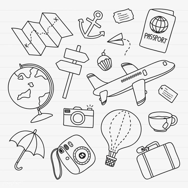 an image of travel related items on lined notebook paper with pen and ink drawing style