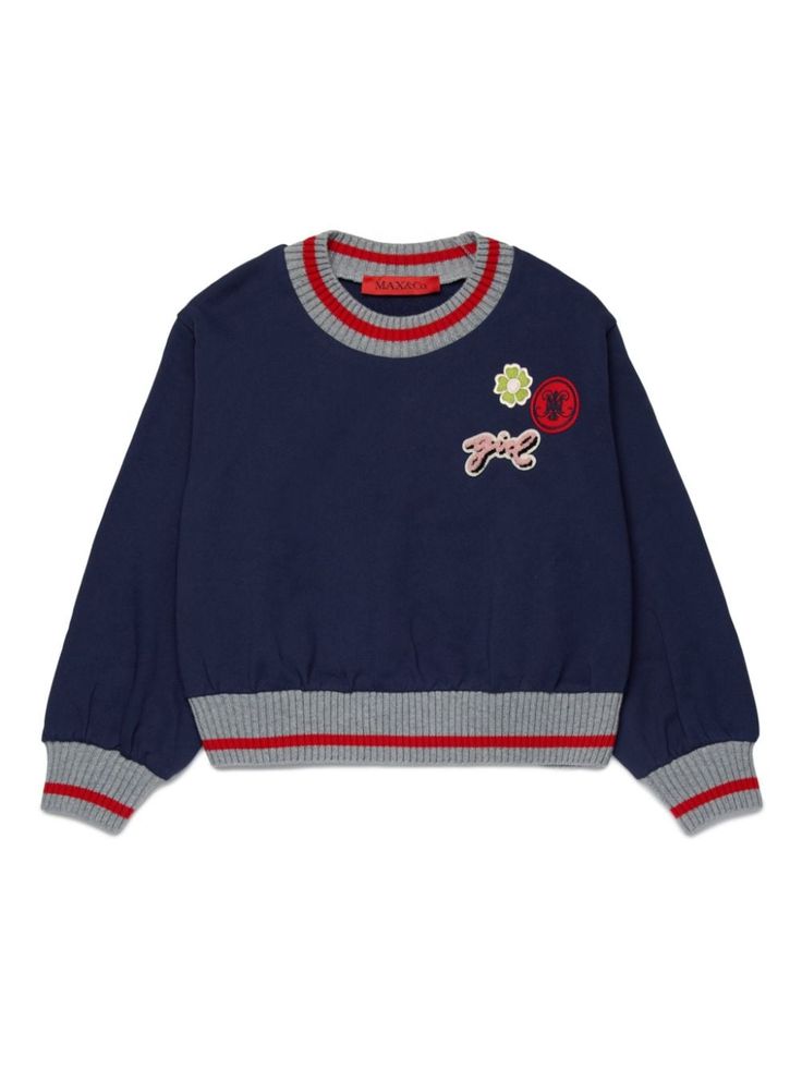 navy blue/grey/red cotton ribbed trim striped edge patch detail crew neck long sleeves ribbed cuffs and hem straight hem Dress With Jean Jacket, Baby Boy Accessories, Dolce And Gabbana Kids, Max Co, Stella Mccartney Kids, Hoodie Girl, Suits Coats, Jeans Dress, Swimwear Tops