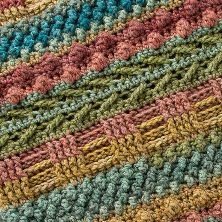 a close up view of a multicolored knitted blanket