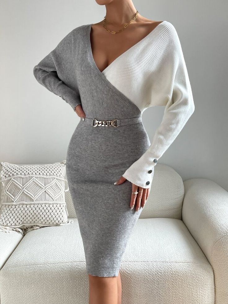 Two Tone Cuff Rib-knit Cut Out Back Sweater Dress | SHEIN USA Elegant Long Sleeve Knitted Sweater Dress, Elegant Gray Sweater Dress For Fall, Chic Knitted Long Sleeve Sweater Dress, Chic Long Sleeve Knitted Sweater Dress, Gray Long Sleeve Ribbed Sweater Dress, Gray Long-sleeved Knitted Sweater Dress, Cut Out Dresses, Midi Sweater Dress, Bodycon Sweater Dress