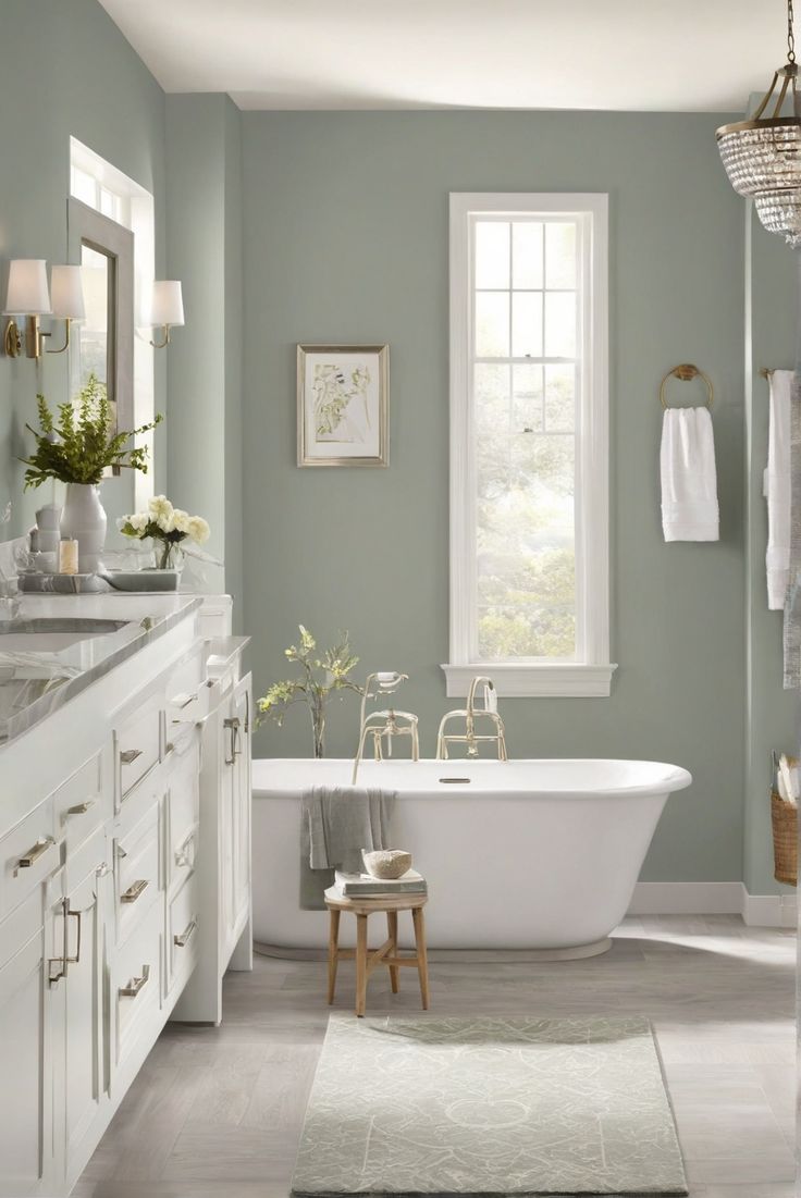 Fresh, Stylish, Sherwin-Williams, Gray-Greenpicks Green Bathroom Color Ideas, Subtle Bathroom Colors, Grey Green Paint Color Sherwin Williams Bathroom, Light Grey And Green Bathroom, Grey Sage Bathroom, Green Walled Bathroom, Bathroom Paint Color Ideas Sherwin Williams, Sage And Neutral Bathroom, Paint Color Bathroom Ideas