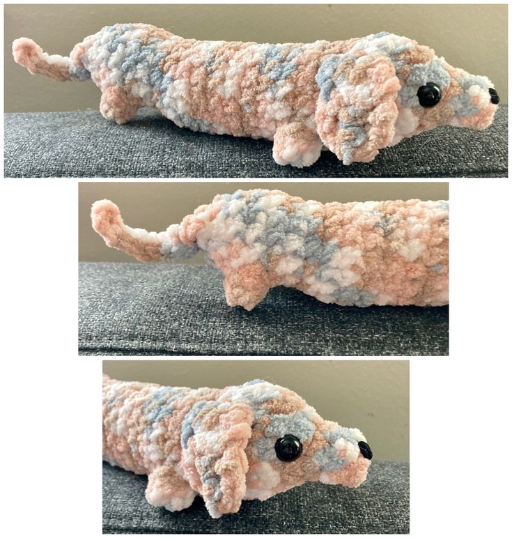 two pictures of a stuffed dog laying on the couch, one is made out of crocheted yarn