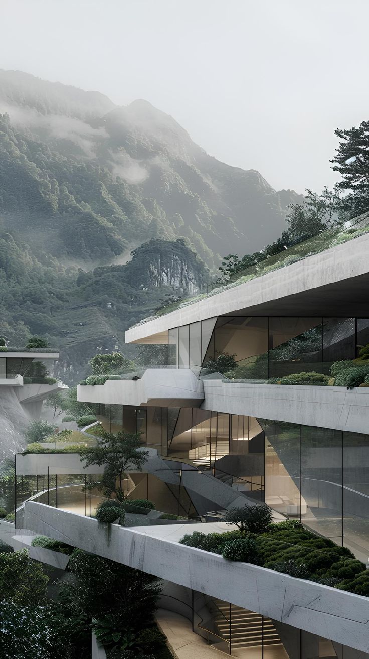 an architectural rendering of a building in the mountains with trees and bushes growing on it