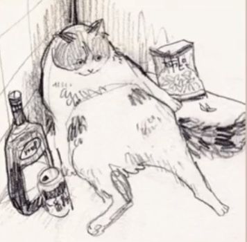 a drawing of a cat laying on top of a couch next to a liquor bottle