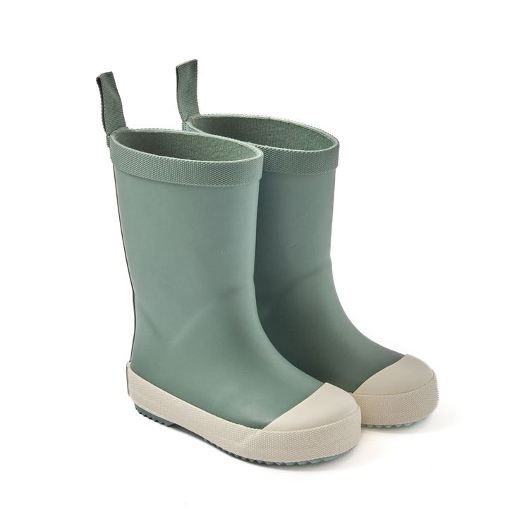 a pair of green rain boots on a white background