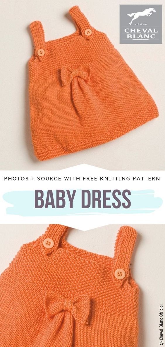 an orange knitted baby dress with a bow on the front and back, in two different colors