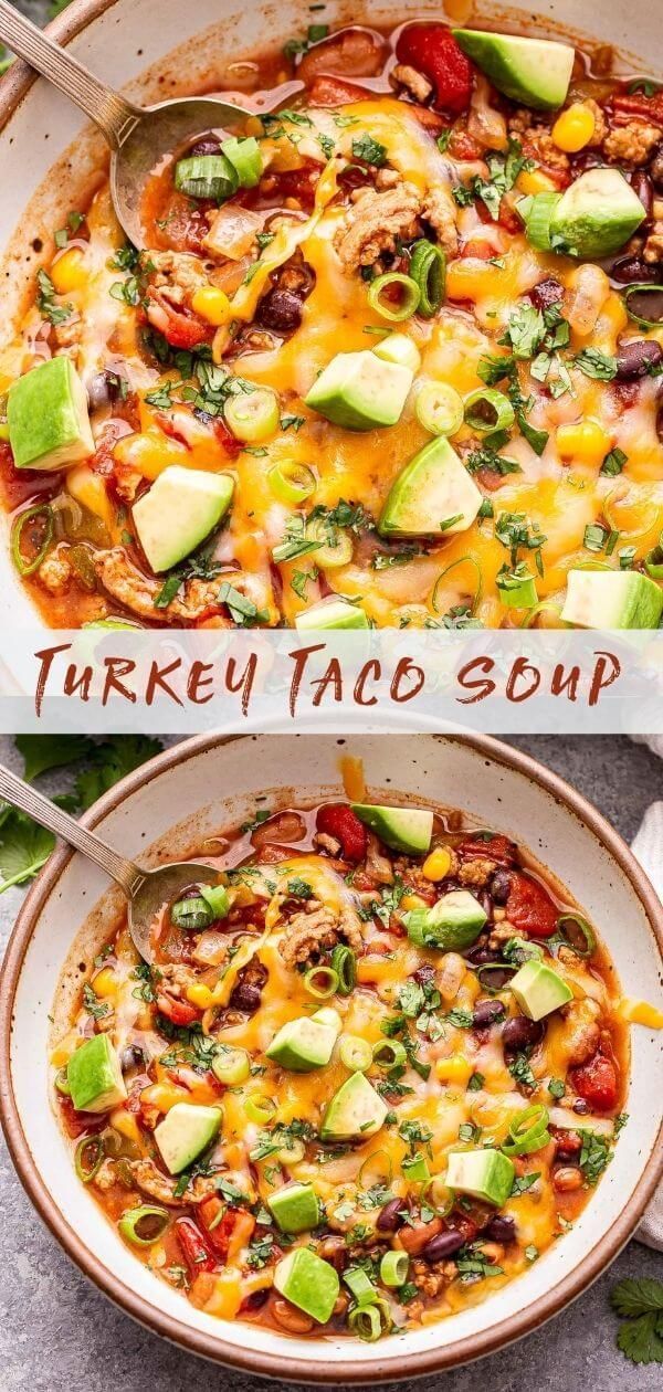 two pictures of turkey taco soup with avocado, tomatoes and other vegetables