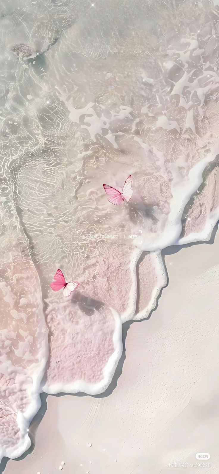 two pink butterflies flying over the water at the edge of an ocean beach with foamy waves