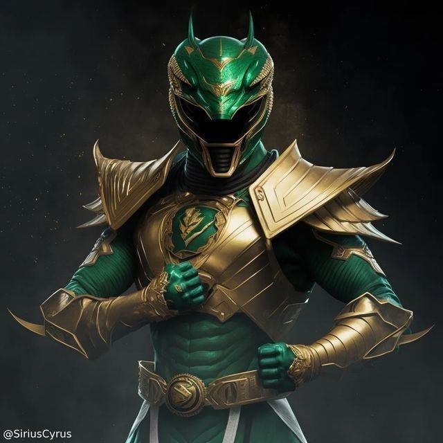 an image of a man dressed in green and gold armor