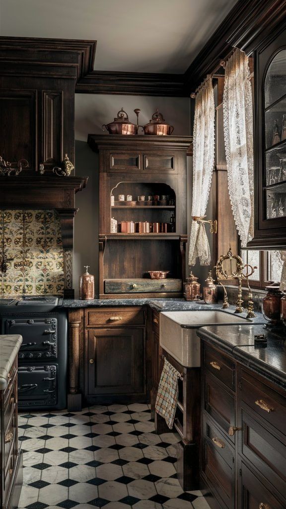 an old fashioned kitchen with black and white tile flooring, wooden cabinetry and cabinets