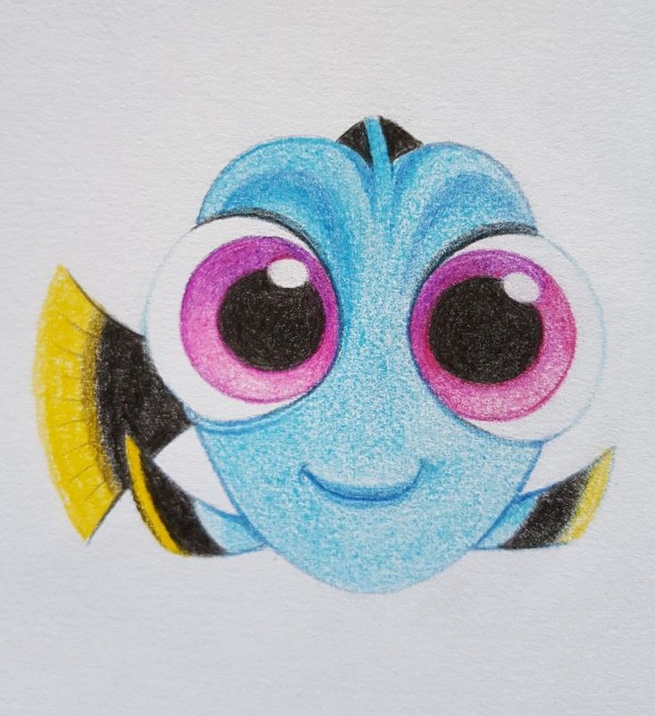 a drawing of a blue fish with pink eyes