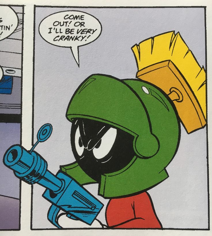 a comic strip with an image of marvin the martian holding a drill and looking at it