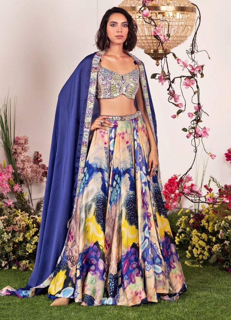 Indigo Printed Satin Lehenga With Corset Juhi Bengani - Fabilicious Fashion Mehendi Saree, Modern Lehenga, Lehenga Outfit, Indo Western Dresses For Women, Embellished Corset, Satin Lehenga, Ethnic Wears, Artistic Patterns, Printed Lehenga