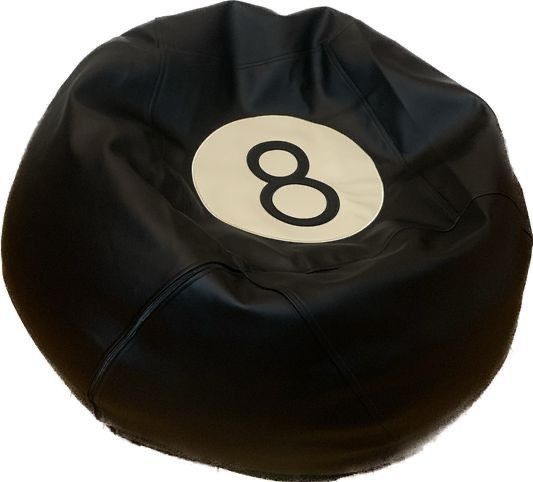 a black bean bag chair with the number eight on it